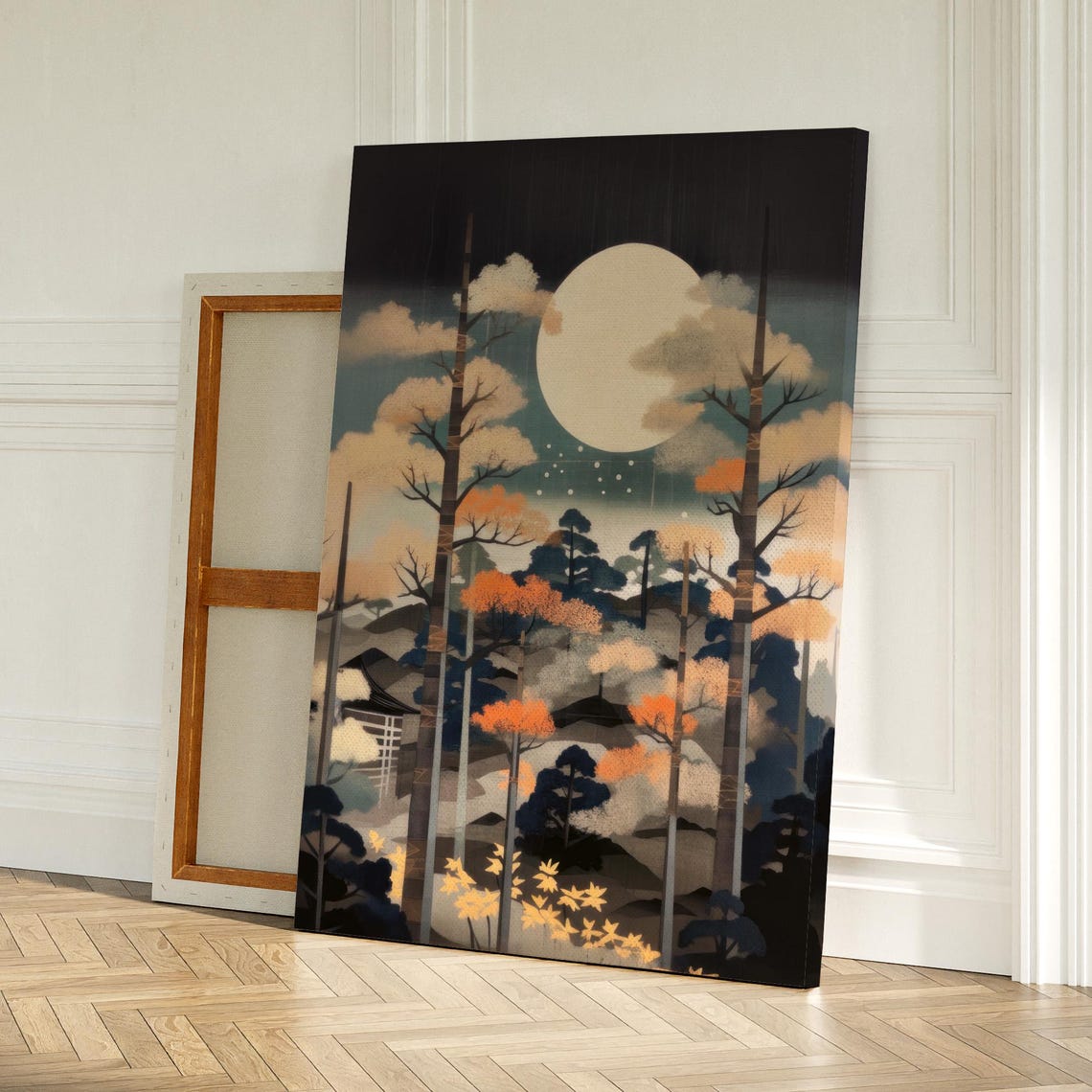Moonlit Japanese Autumn Forest Scene Under a Big Bright Moon Poster - Image 2