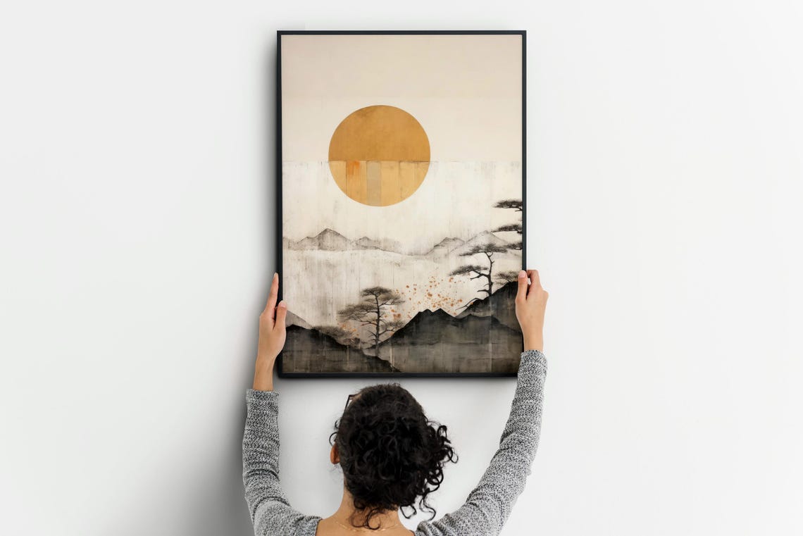 Golden Sun Over Misty Ink Mountains Japanese Landscape Poster - Image 2