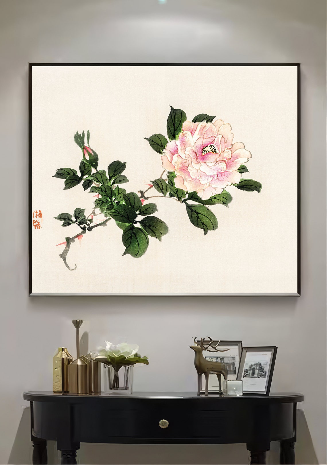 Pink Japanese Rose Watercolor with Green Leaves and Seal Poster - Image 2
