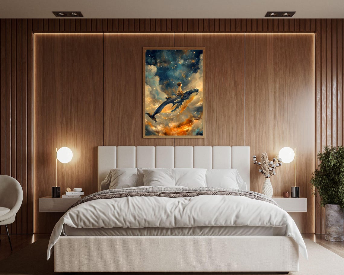 Child Riding Whale Through Starry Clouds Cosmic Nursery Wall Art Print - Image 2