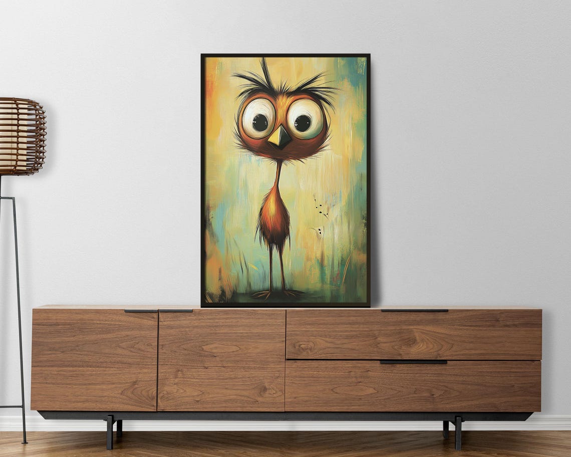 Crazy Big Eyed Bird Whimsical Colorful Abstract Painting Wall Art - Image 5