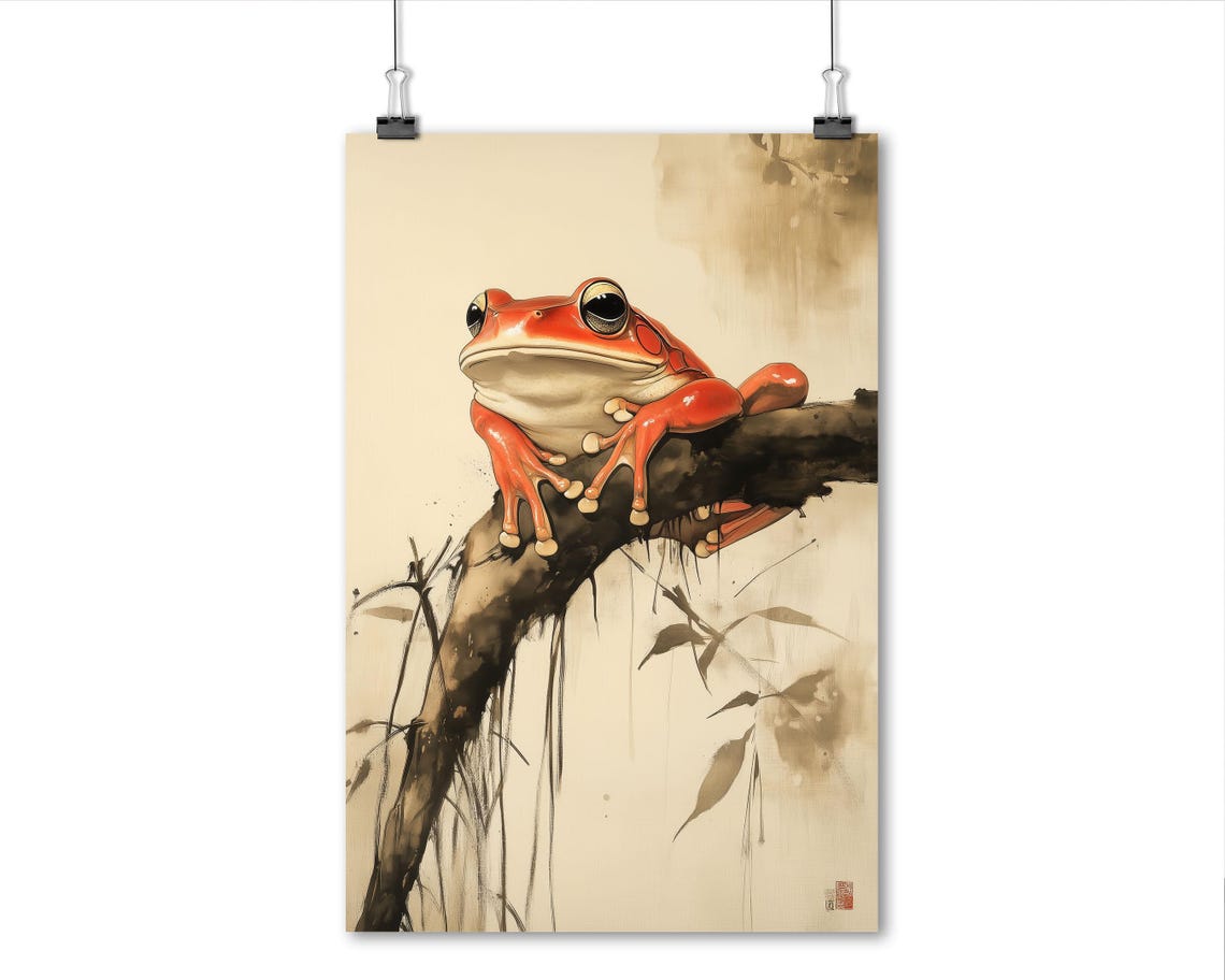 Japanese Sumi E Style Red Frog Resting on Branch Ink Wash Wall Art - Image 5