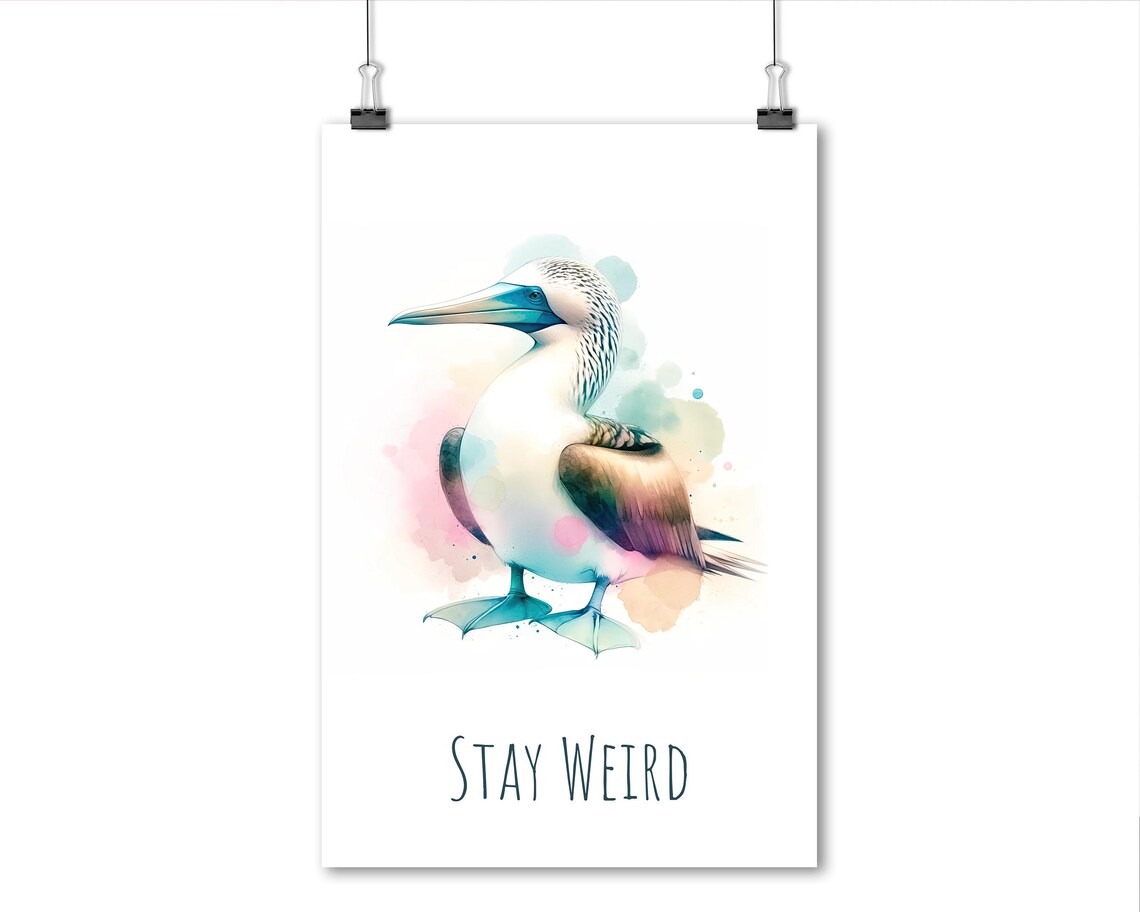 Stay Weird Blue Footed Booby Pastel Watercolor Motivational Bird Poster - Image 4