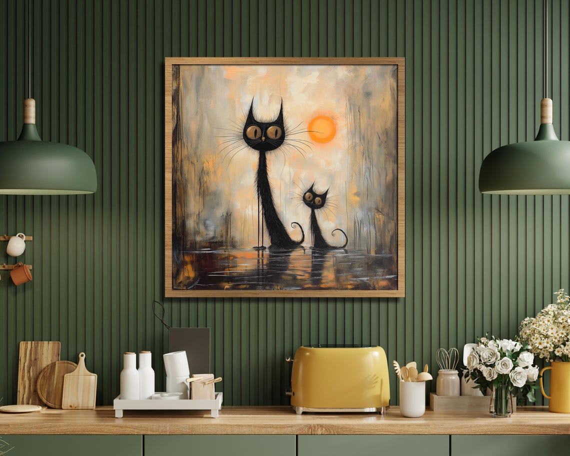 Black Cats At Sunset Pair Standing In Water Painterly Art Poster - Image 4