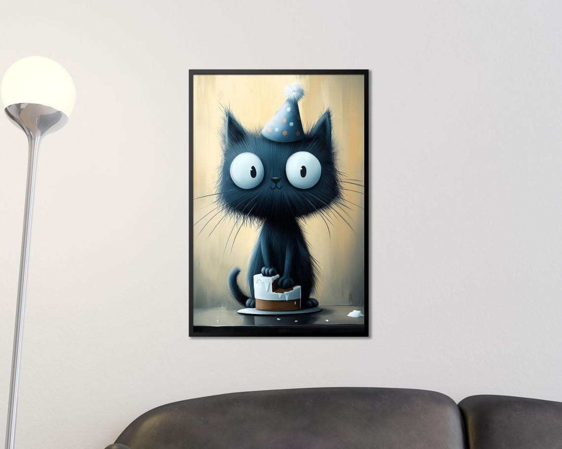 Cute Black Cat with Party Hat Eating Birthday Cake Fun Wall Art - Image 3