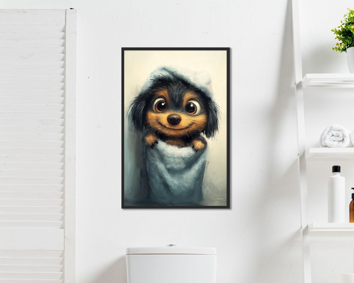 Black And Tan Puppy Wrapped In Towel Cute Bathroom Dog Art Poster - Image 5