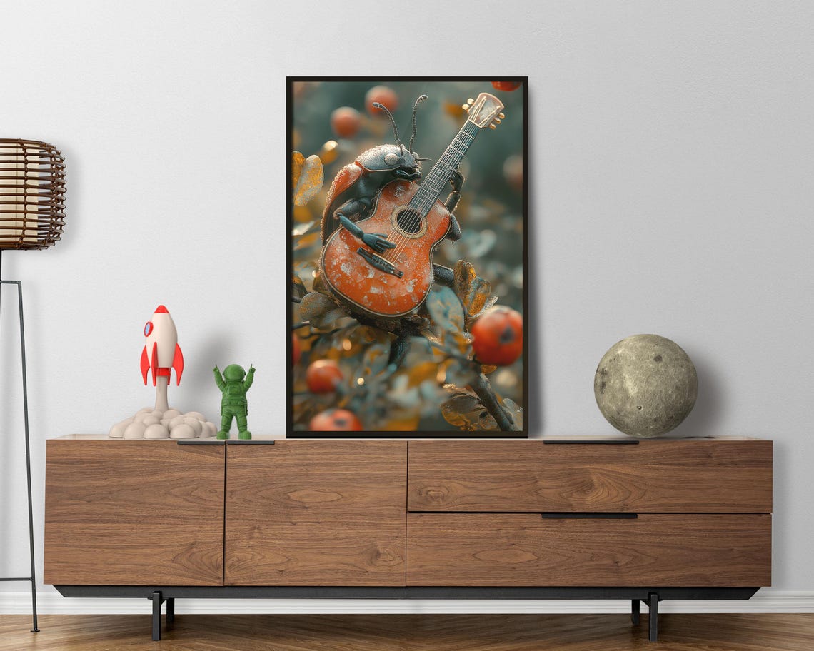 Ladybug Playing Acoustic Guitar On Berry Branch Nature Art Poster - Image 4