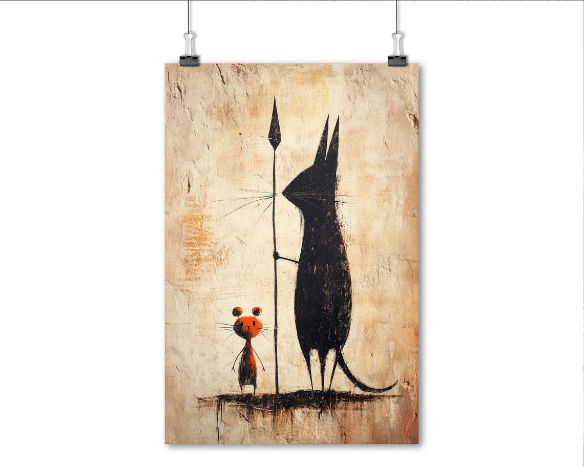 Primitive Cat And Mouse Cave Painting Rustic Minimal Art Poster - Image 6