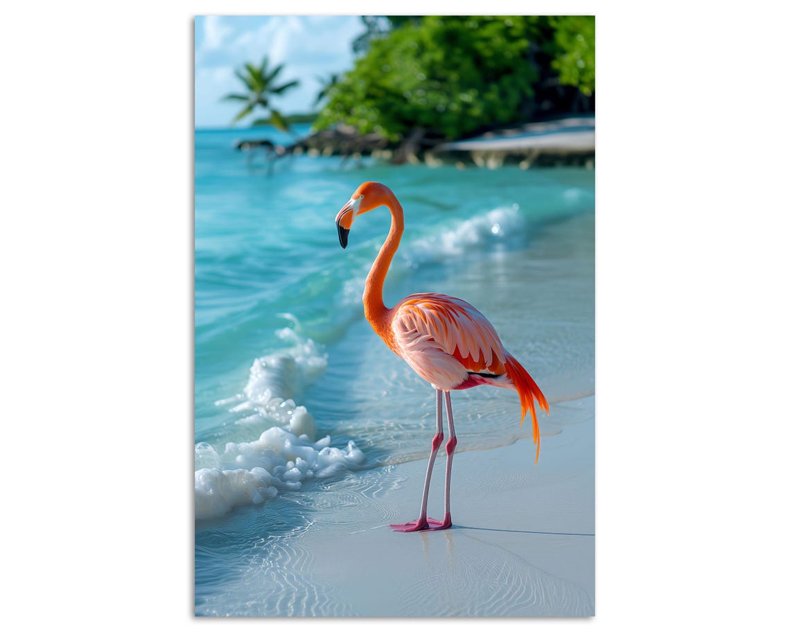 Pink Flamingo on Tropical Beach Turquoise Water Coastal Photo Poster - Image 5