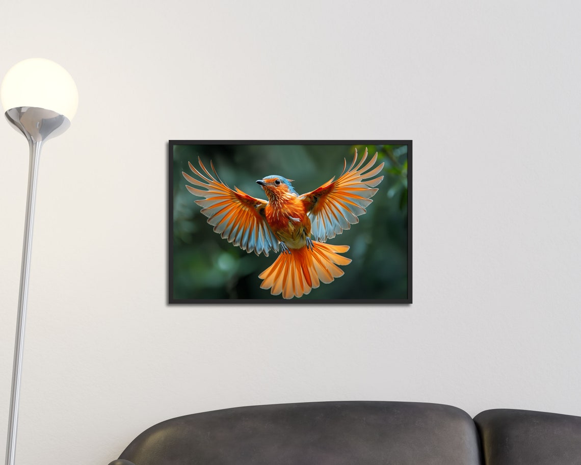 Paradise Flycatcher In Flight Orange Wings Exotic Bird Wall Art Print - Image 2