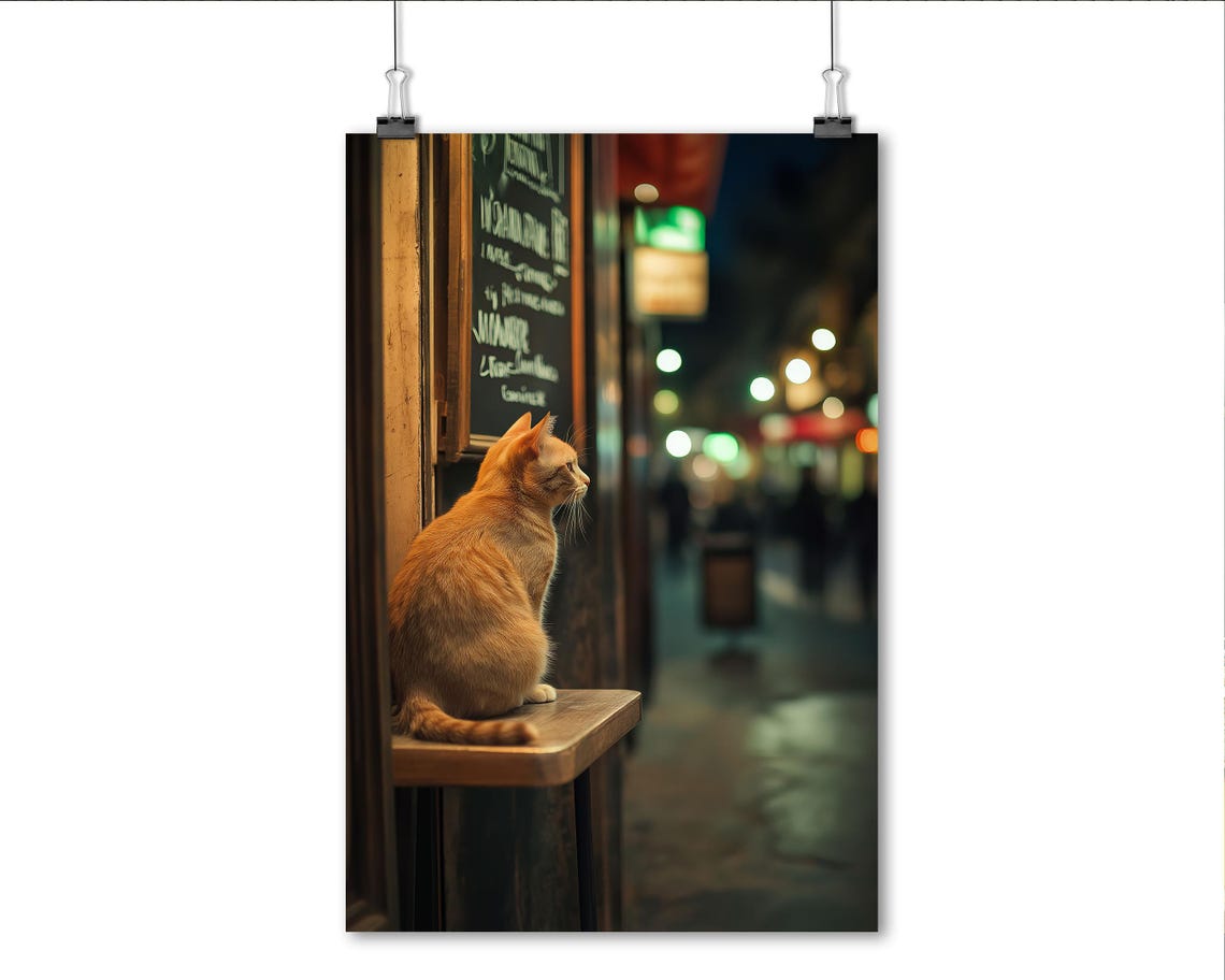 Orange Cat At Cafe Table Watching Night Street Cozy Art Poster - Image 3