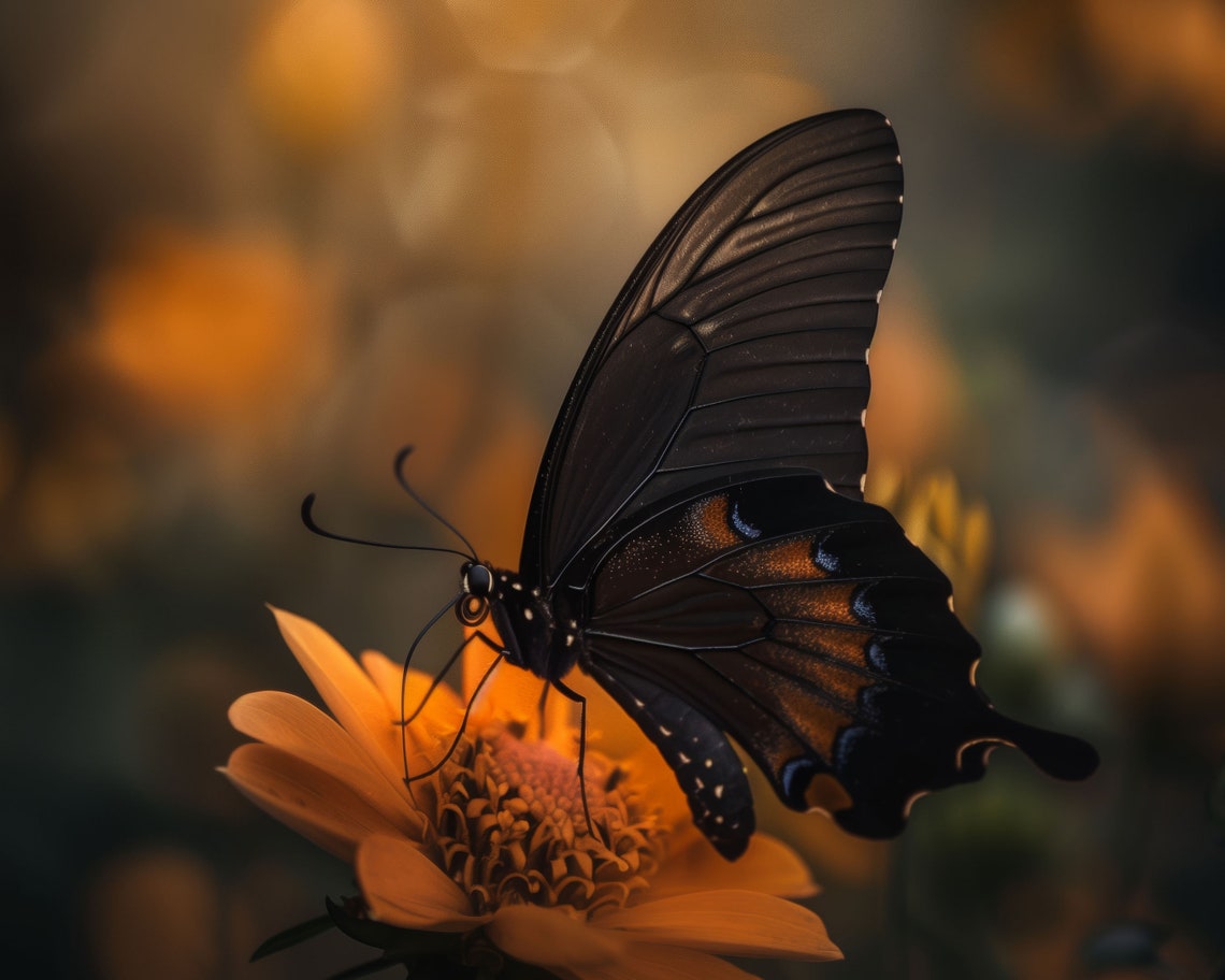Black Butterfly On Orange Flower Moody Golden Bokeh Nature Poster - Image 3