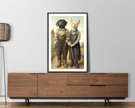 Dog And Cat In Overalls Vintage American Gothic Farm Art Poster