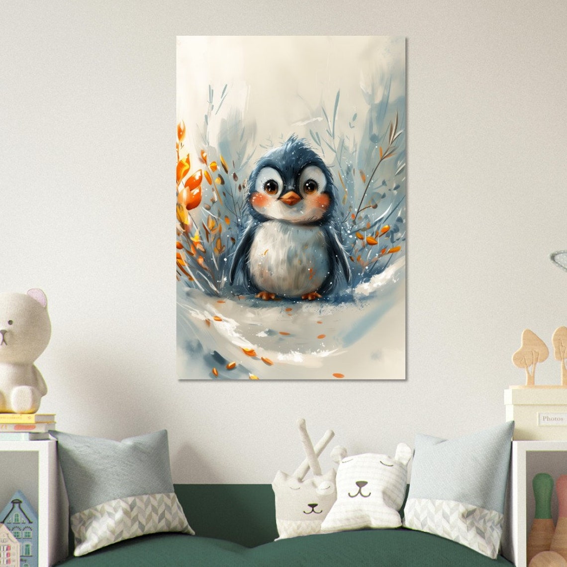 Cute Baby Penguin Snow Watercolor Rosy Cheeks Winter Nursery Poster - Image 2