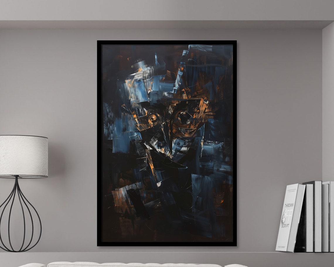 Owl Abstract Dark Navy Midnight Palette Knife Moody Wall Art Poster