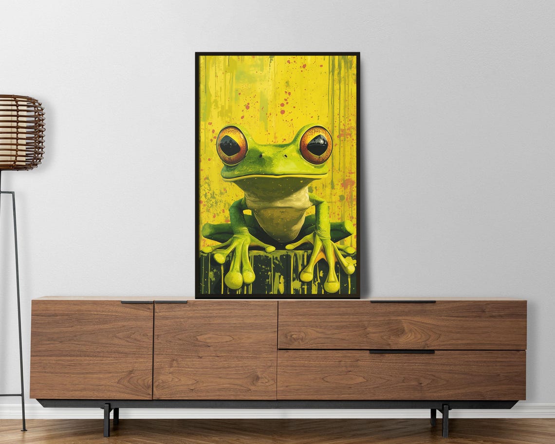 Lime Green Tree Frog Pop Art Style Bright Yellow Splatter Wall Art - Image 7