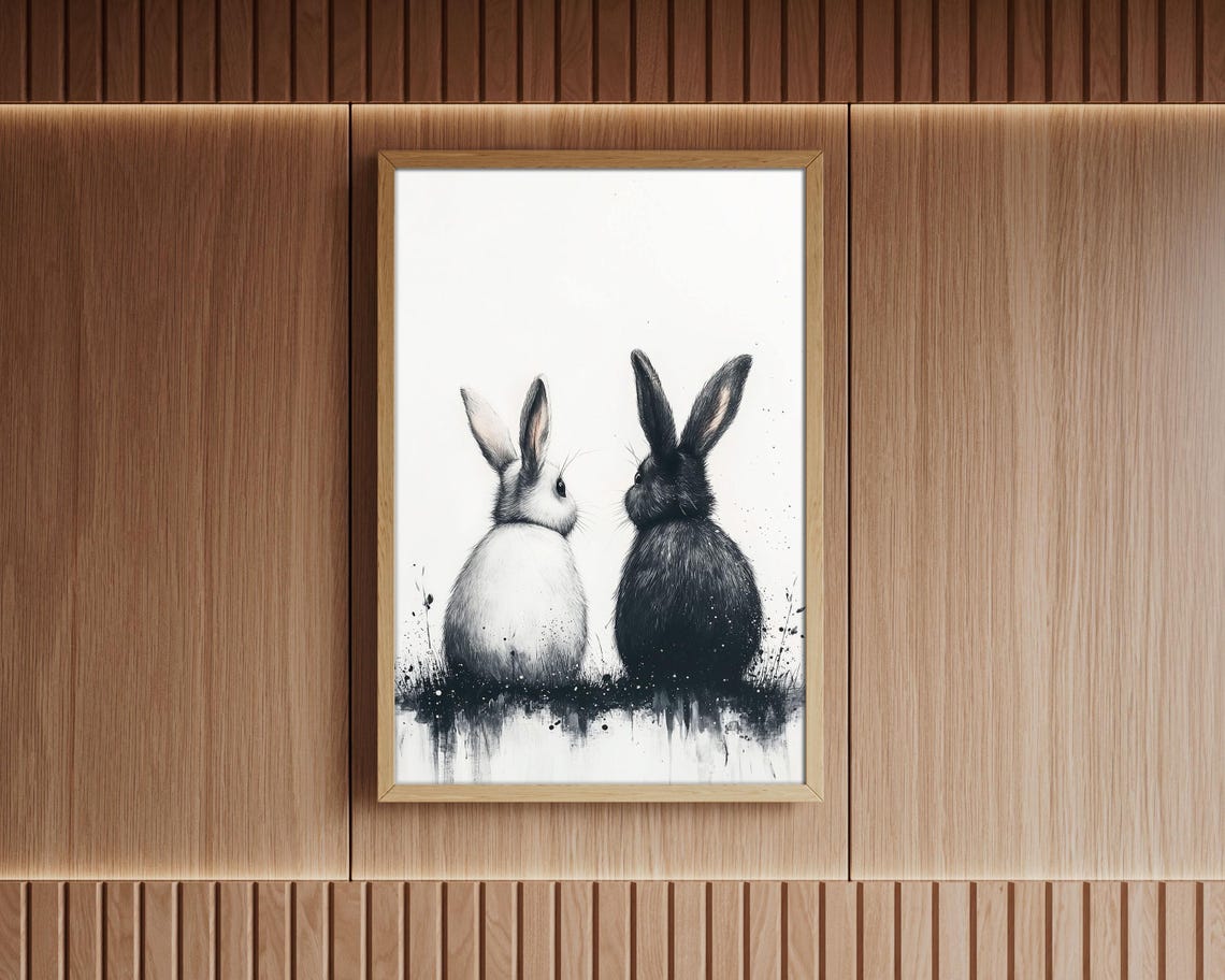 Black And White Bunnies Back To Back Monochrome Rabbit Art Poster - Image 2
