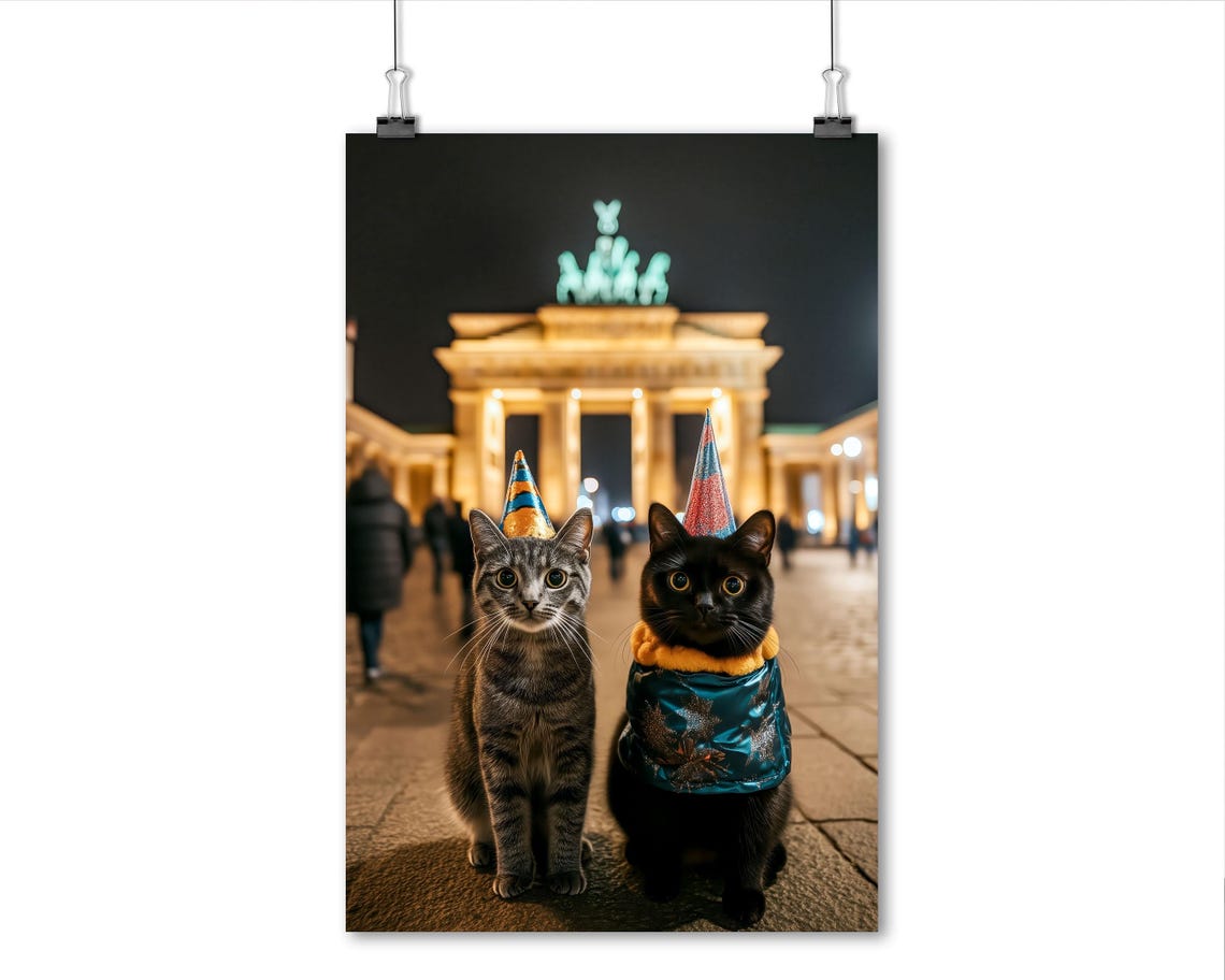 Two Party Cats Brandenburg Gate Berlin Night Celebration Wall Art - Image 6
