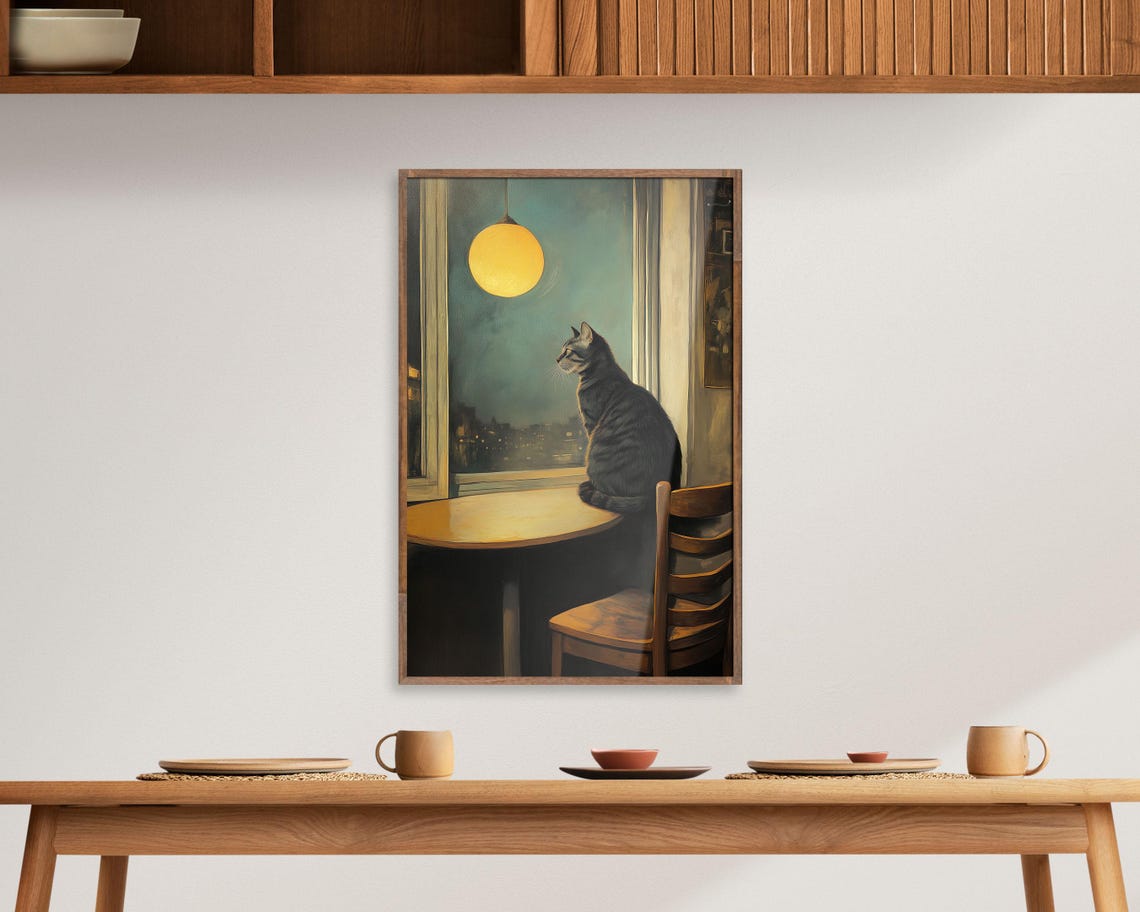 Black Cat Sitting At Window Table Night Lamp Warm Moody Art Poster - Image 6