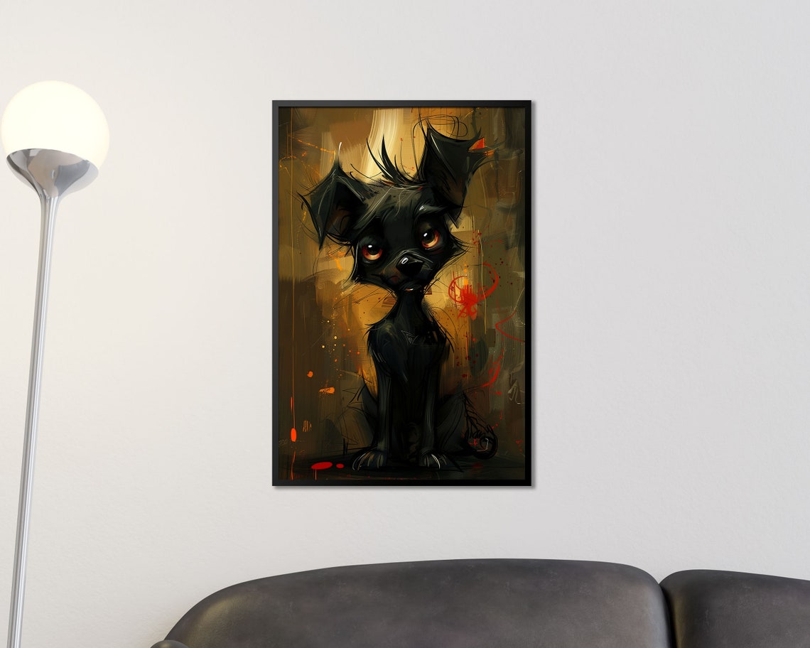 Expressive Black Puppy Big Eyes Quirky Painterly Pet Art Poster