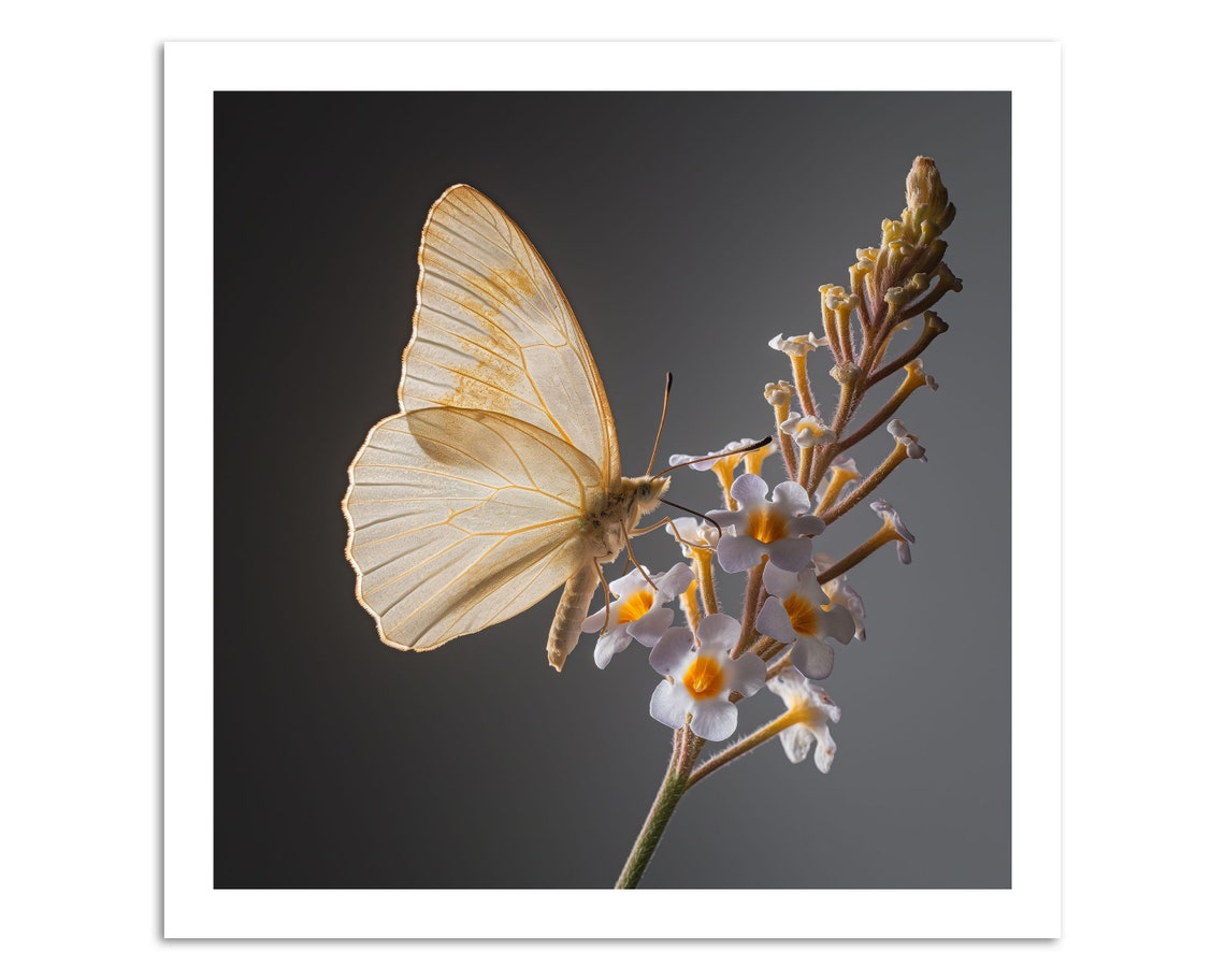 Delicate White Butterfly On Blooming Flowers Minimalist Poster - Image 4
