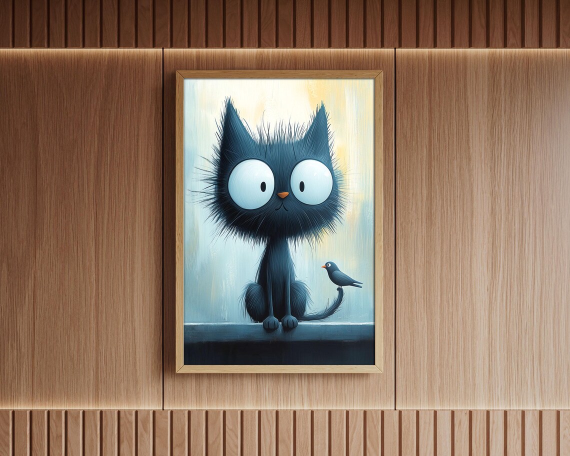 Cute Big Eyed Black Cat with Little Bird on Tail Nursery Wall Art - Image 6