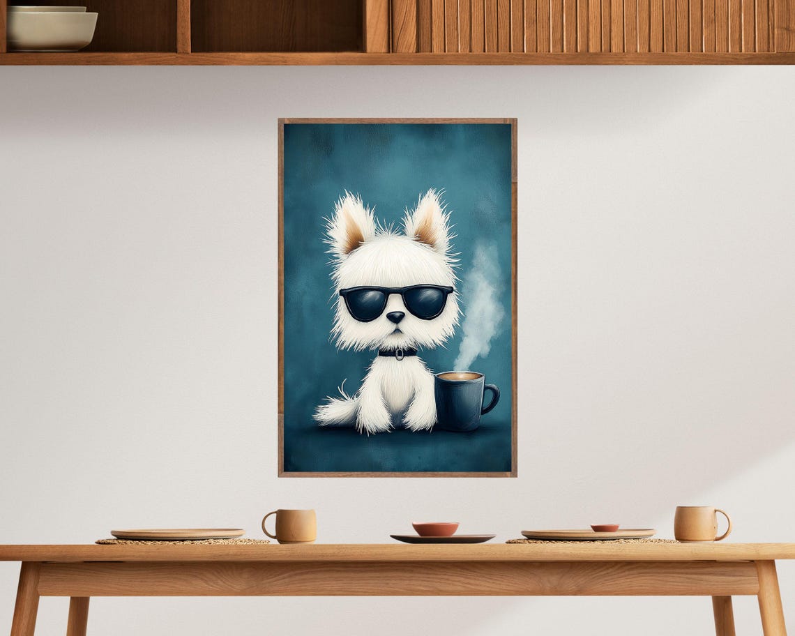 Cool White Puppy With Sunglasses Steaming Coffee Cup Art Poster - Image 6
