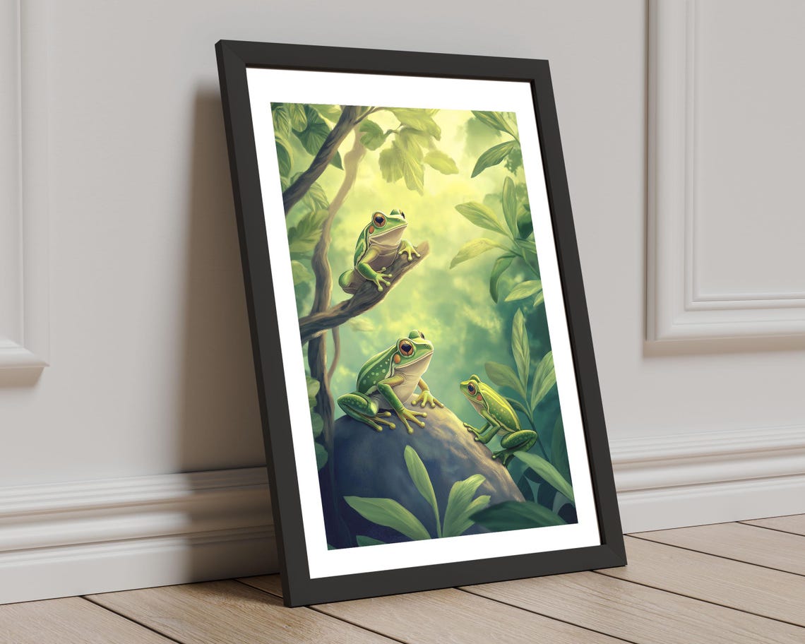 Three Green Tree Frogs in Sunlit Jungle Canopy Nature Wall Art - Image 8