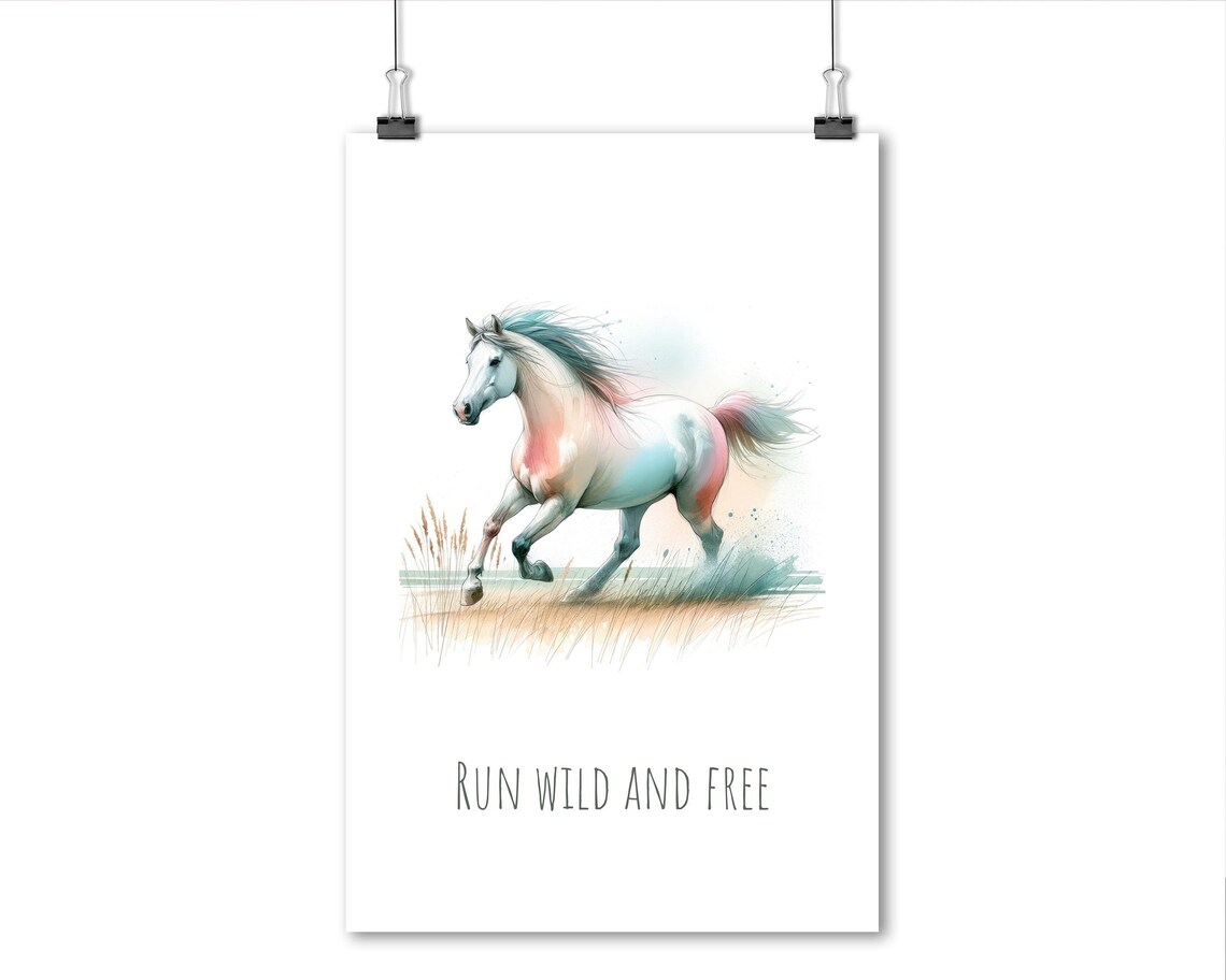 Run Wild And Free White Horse Gallop Pastel Watercolor Nursery Poster - Image 4