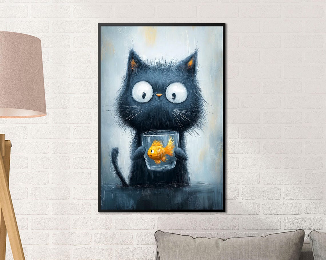 Big Eyed Black Cat Holding Goldfish Bowl Funny Kitchen Wall Art - Image 4