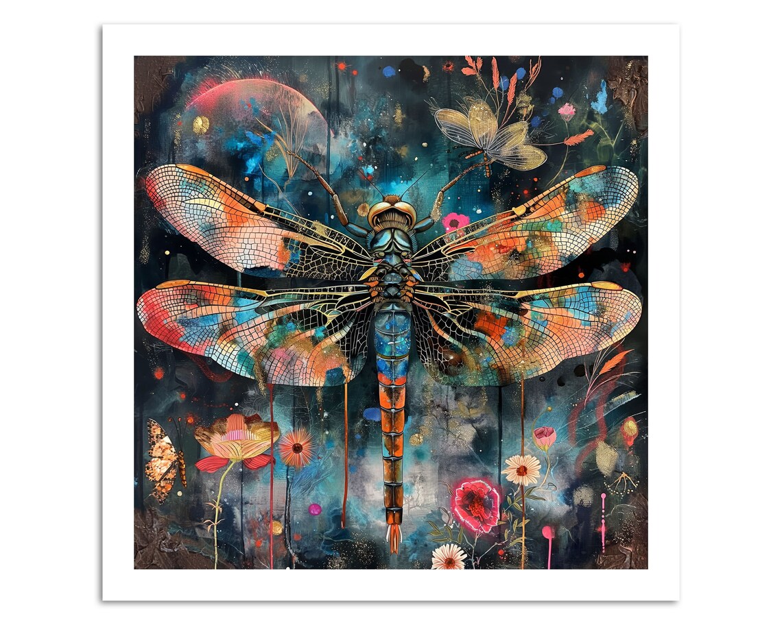 Colorful Dragonfly Dream Floral Bohemian Insect Wall Art Print - Image 3