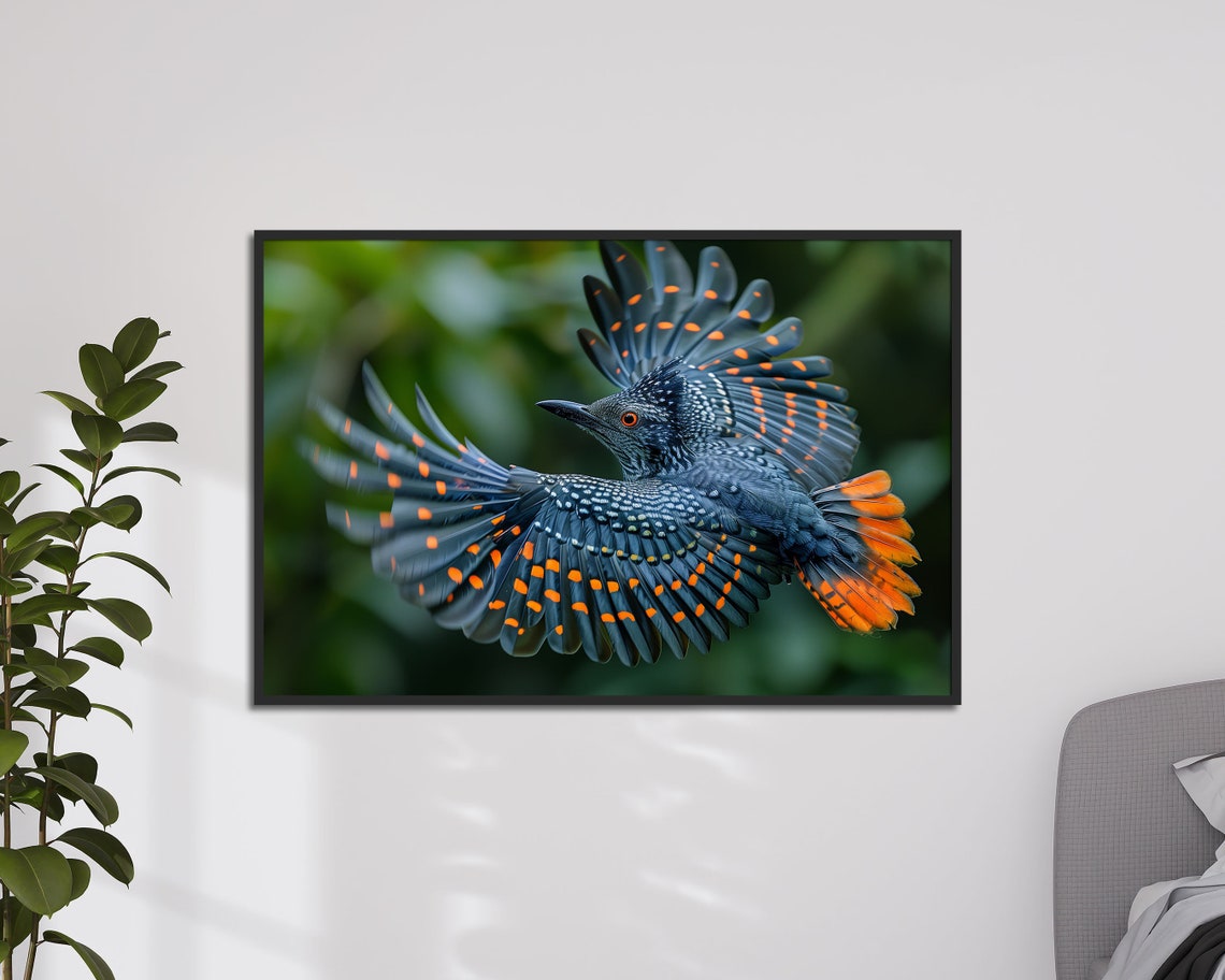 Exotic Spotted Blue Bird In Flight Orange Wings Nature Wall Art Print - Image 4