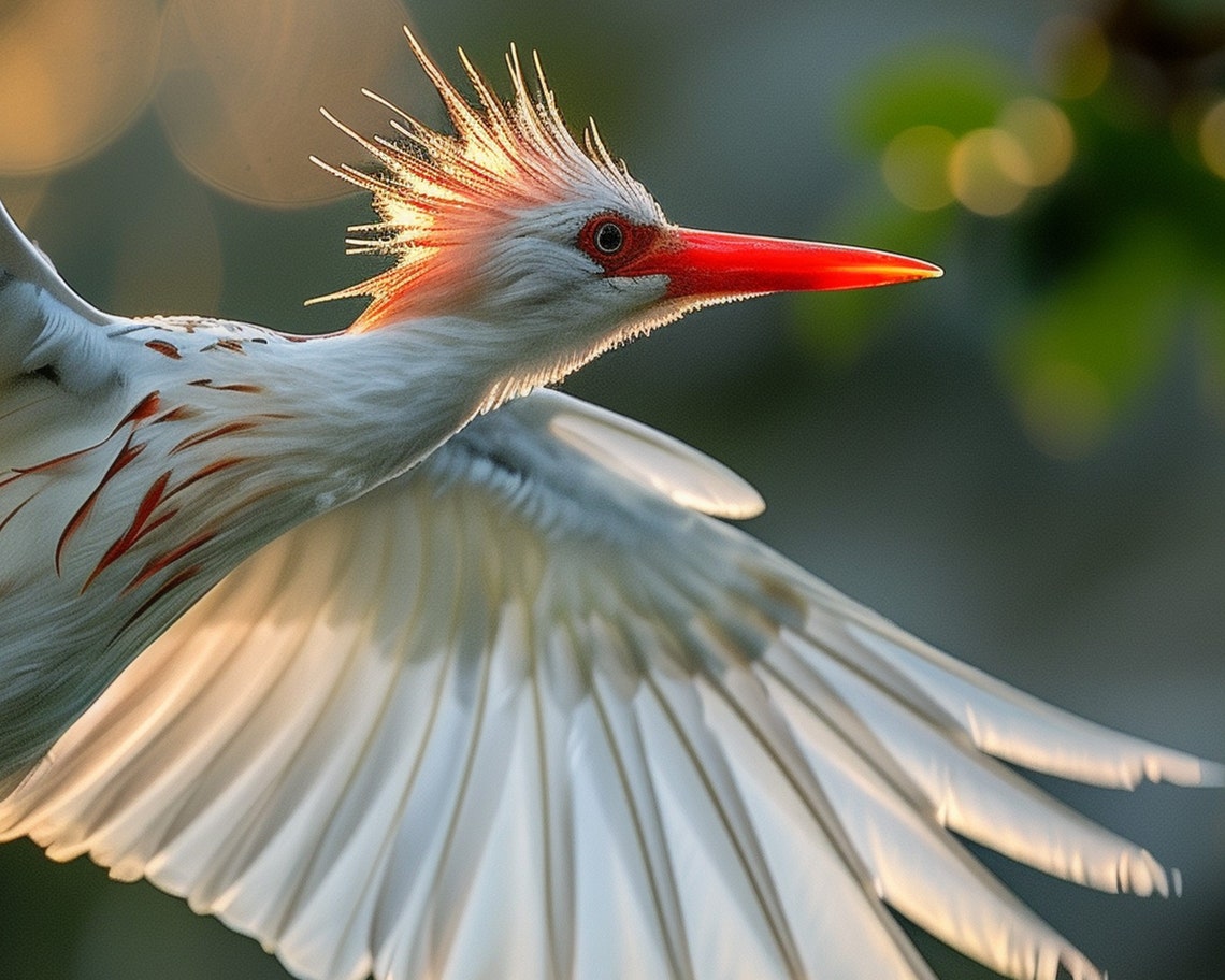 Crested Ibis Flying In Golden Light White Bird Wildlife Art Print - Image 5