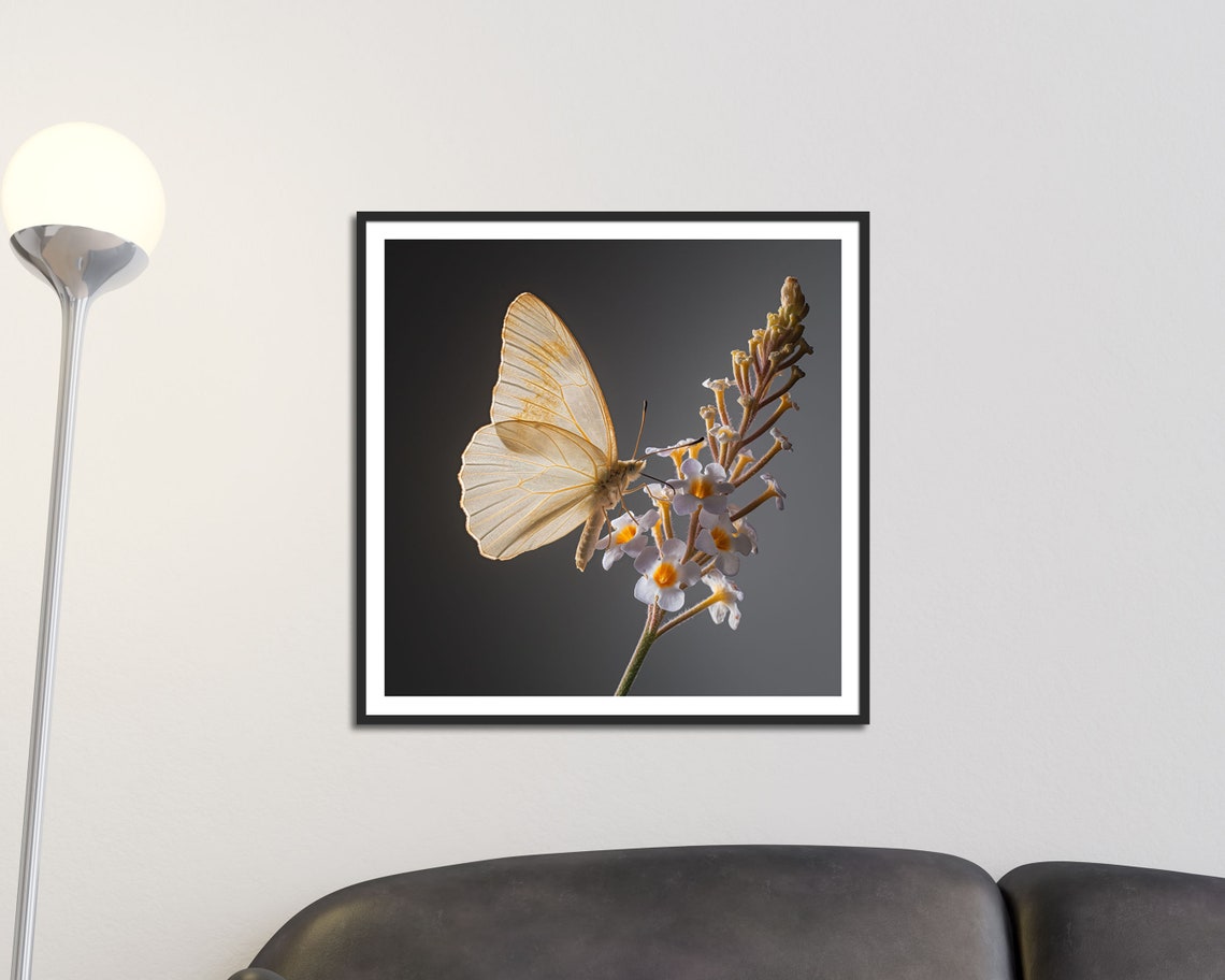 Delicate White Butterfly On Blooming Flowers Minimalist Poster - Image 2