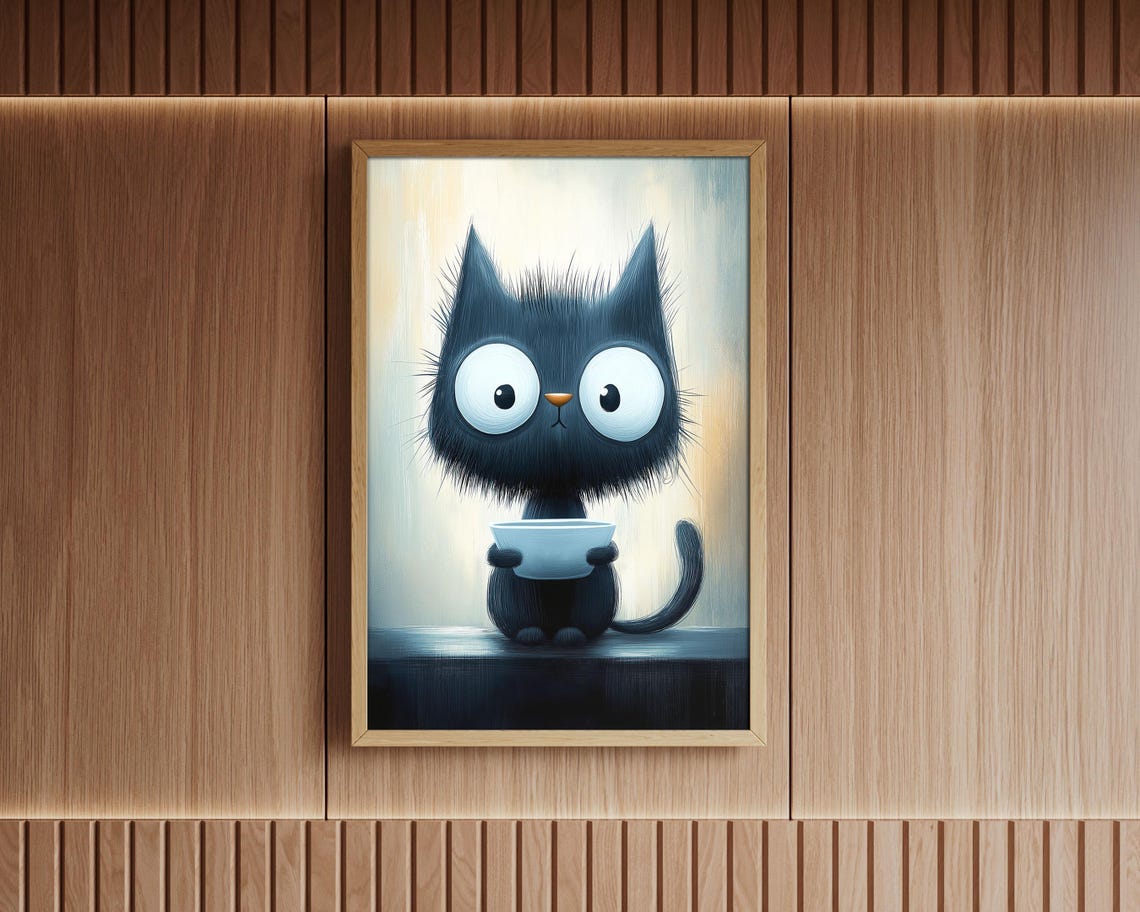 Funny Hungry Black Cat Holding Empty Bowl Begging Kitchen Wall Art - Image 6