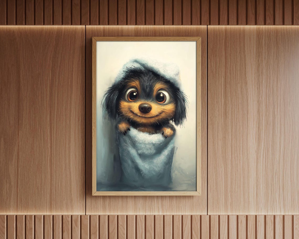 Black And Tan Puppy Wrapped In Towel Cute Bathroom Dog Art Poster - Image 4