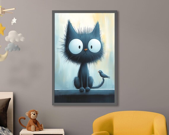 Cute Big Eyed Black Cat with Little Bird on Tail Nursery Wall Art