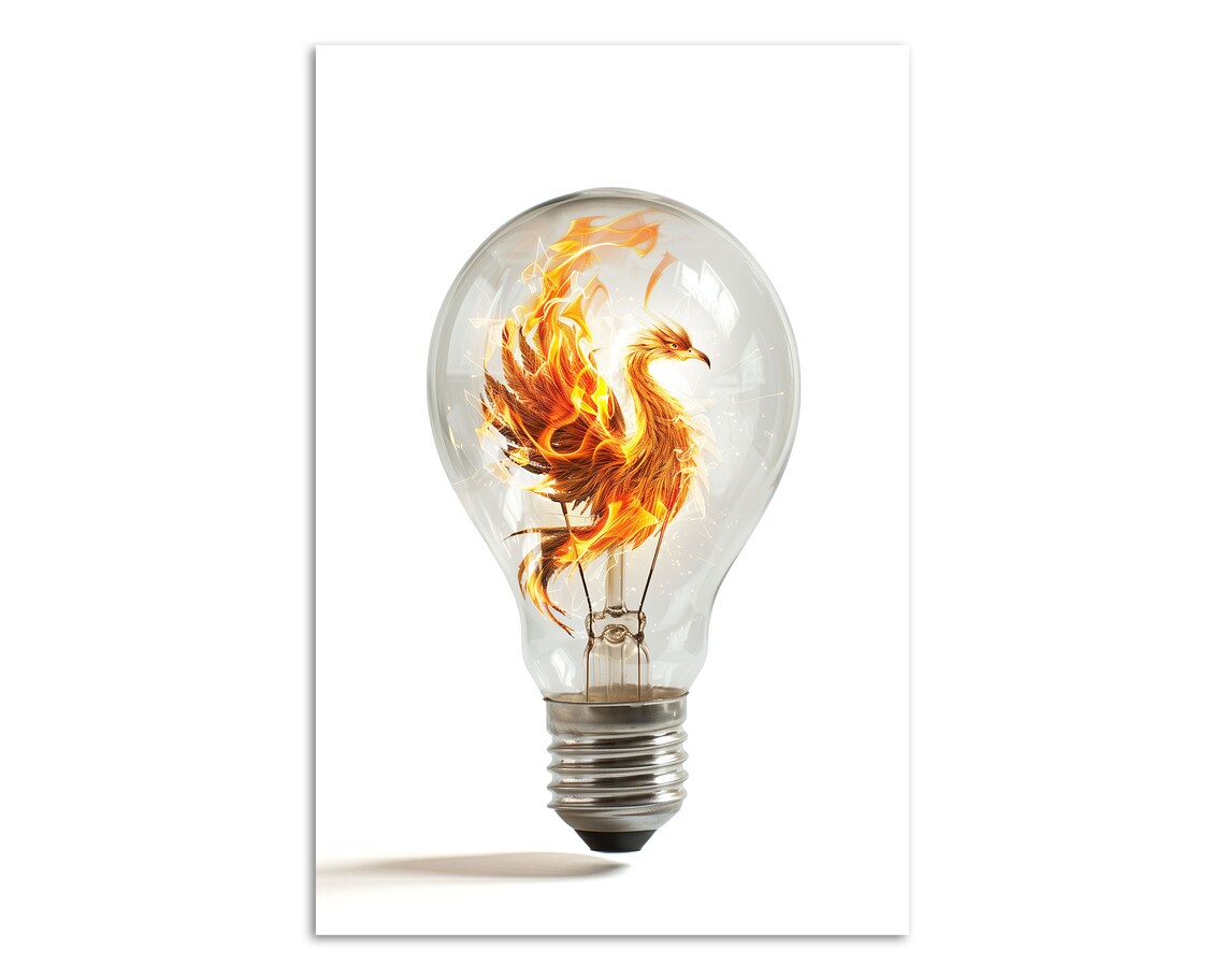 Fiery Phoenix Inside Glass Light Bulb Surreal Flame Bird Wall Art Poster - Image 3