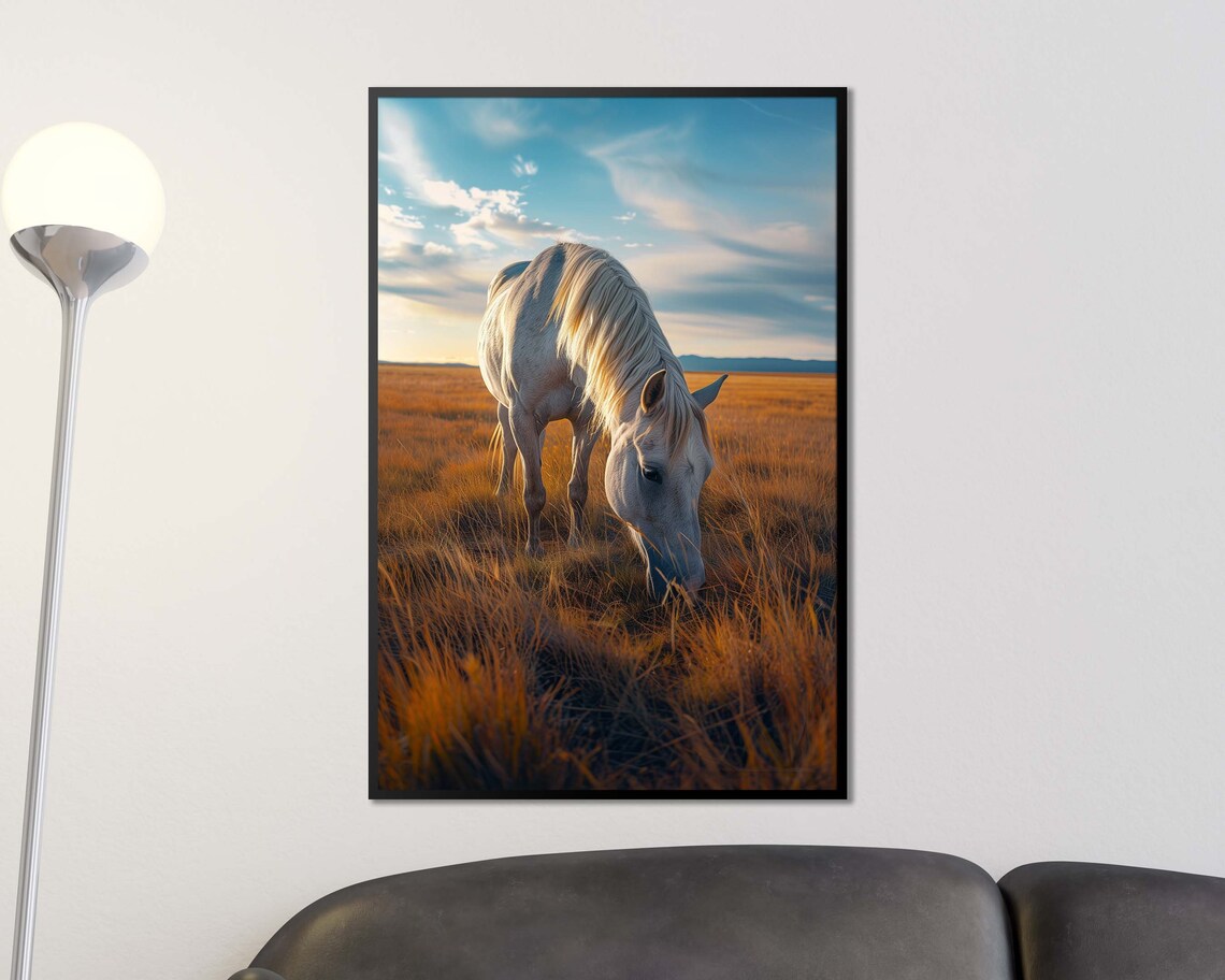 White Horse Grazing Golden Grassland At Sunset Nature Photo Poster - Image 3