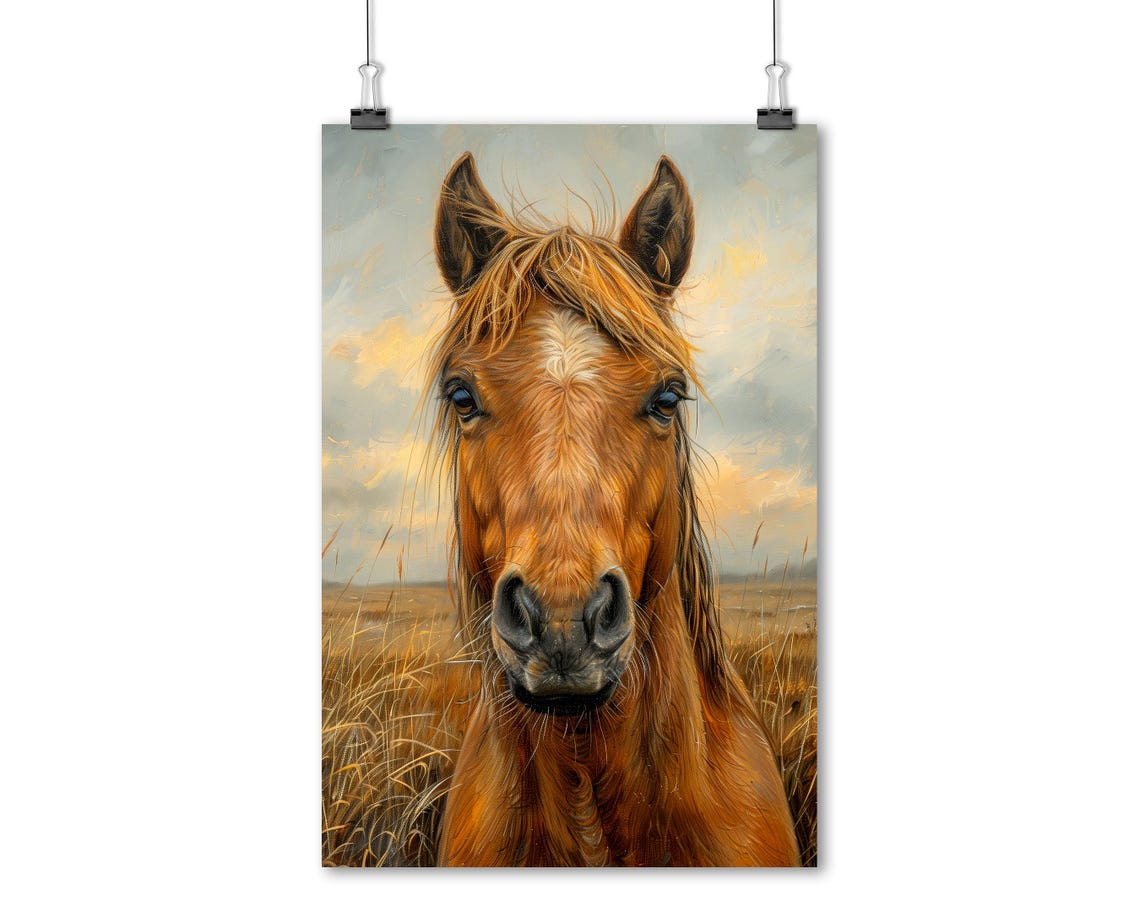 Chestnut Horse Face Portrait Golden Wheat Field Rustic Wall Art - Image 8