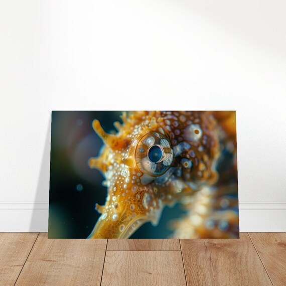 Golden Seahorse Face Macro Detailed Eye Vibrant Ocean Life Art Poster