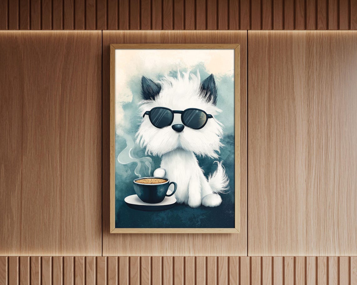 Fluffy White Dog With Sunglasses Next To Coffee Cup Cute Poster - Image 4