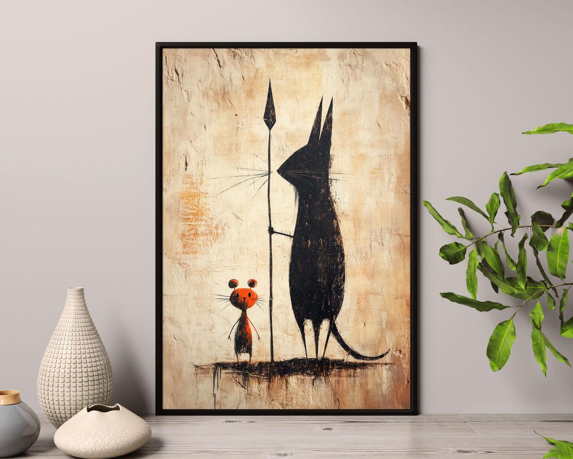 Primitive Cat And Mouse Cave Painting Rustic Minimal Art Poster - Image 3