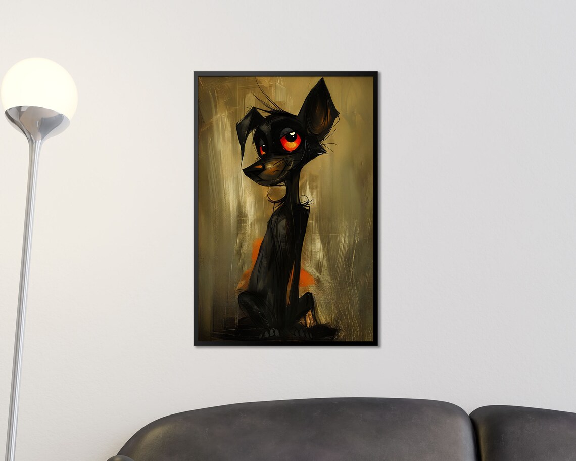 Whimsical Black Dog Glowing Orange Eyes Grunge Quirky Pet Art Poster