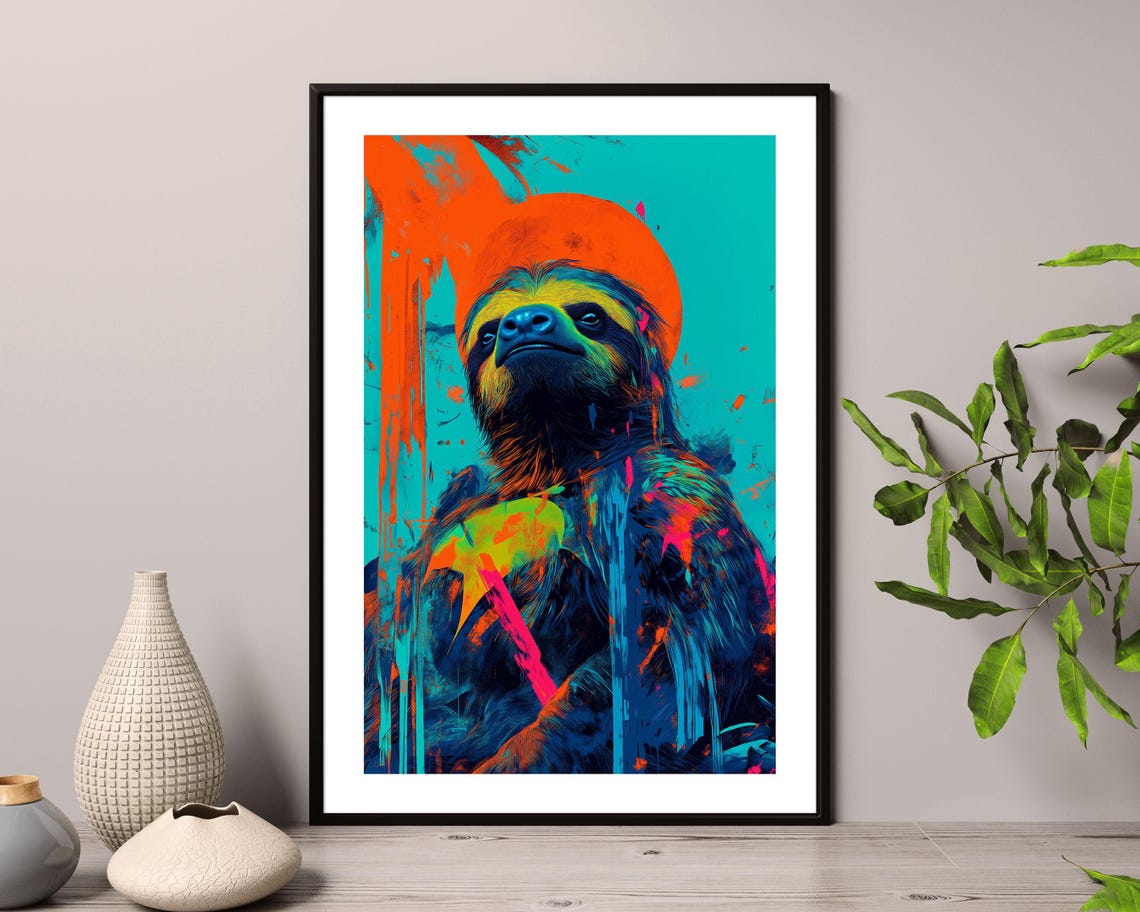 Colorful Neon Pop Art Sloth Graffiti Style Abstract Animal Poster - Image 2