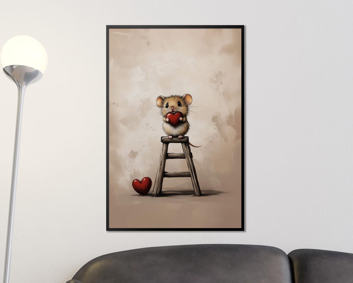 Sweet Tiny Mouse Holding Red Heart Stepladder Valentine Wall Art - Image 4
