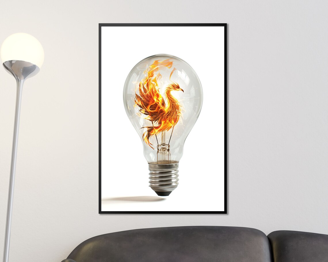 Fiery Phoenix Inside Glass Light Bulb Surreal Flame Bird Wall Art Poster - Image 4