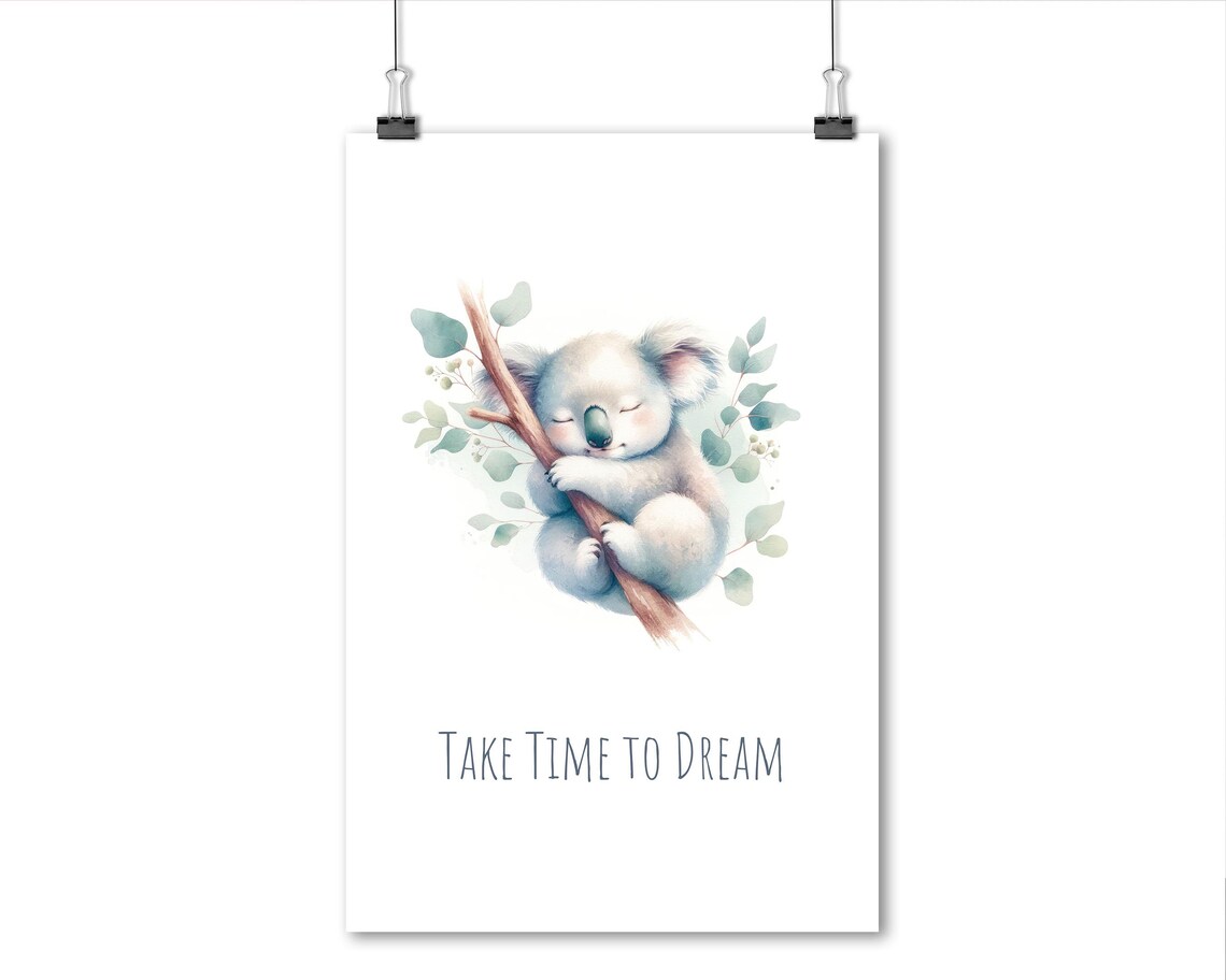 Take Time To Dream Sleeping Koala Pastel Watercolor Nursery Room Poster - Image 4