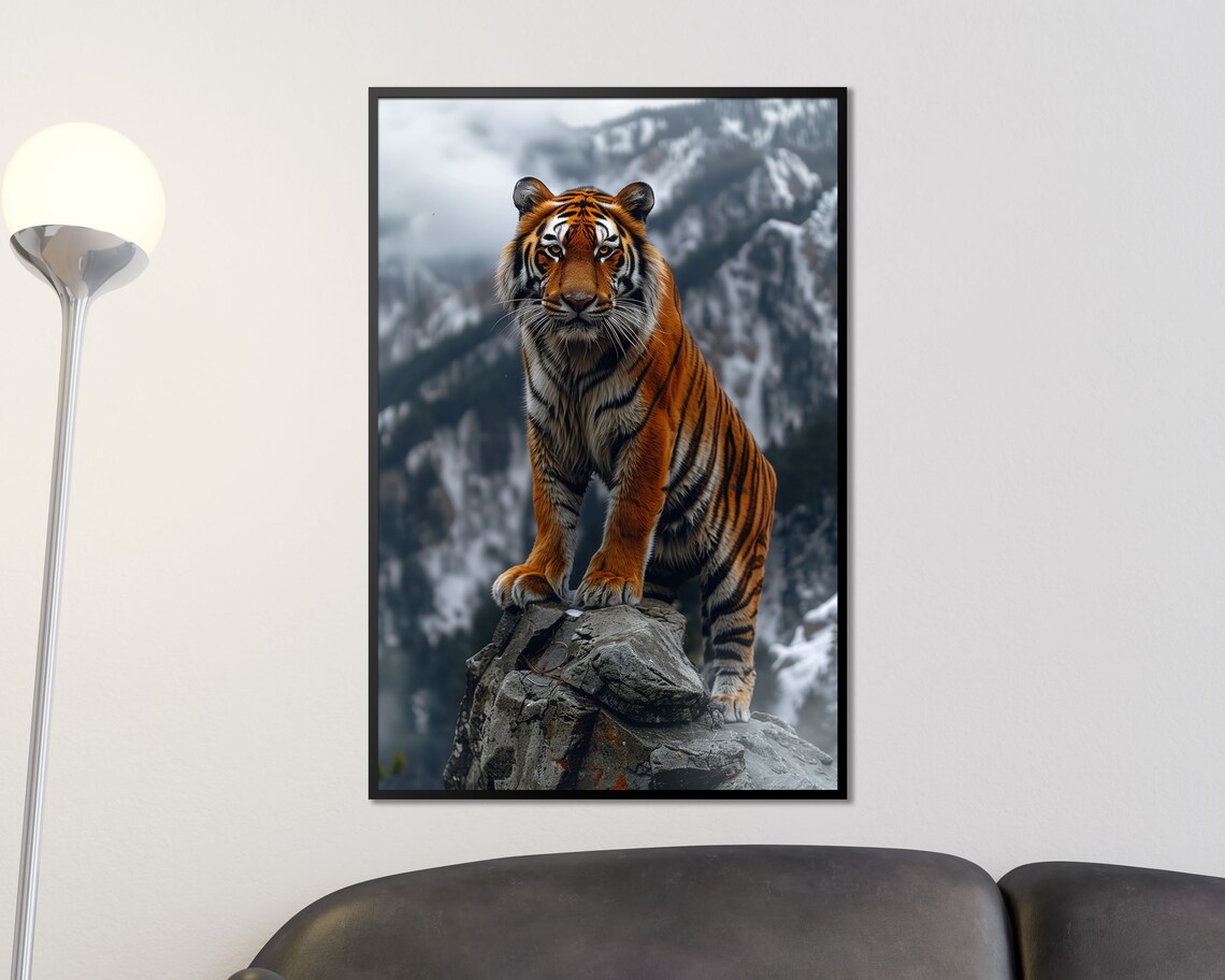 Majestic Tiger On Rocky Cliff Snowy Mountain Wildlife Nature Poster - Image 3