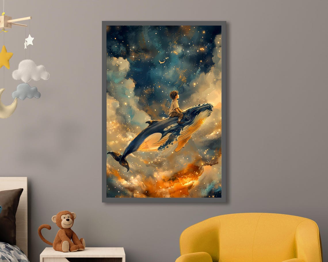 Child Riding Whale Through Starry Clouds Cosmic Nursery Wall Art Print